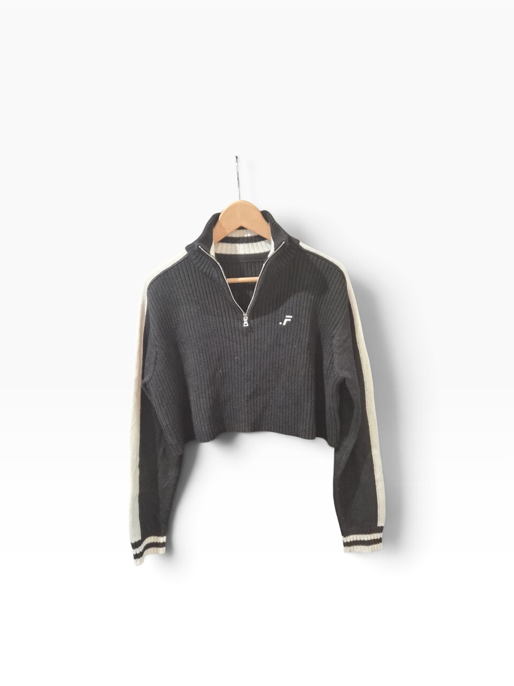 Cropped Rib-Knit Half-Zip Pullover in Black with Cream Stripe